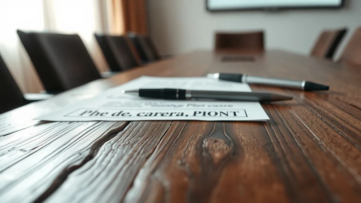 Documento y bolígrafos sobre una mesa de madera en una sala de reuniones