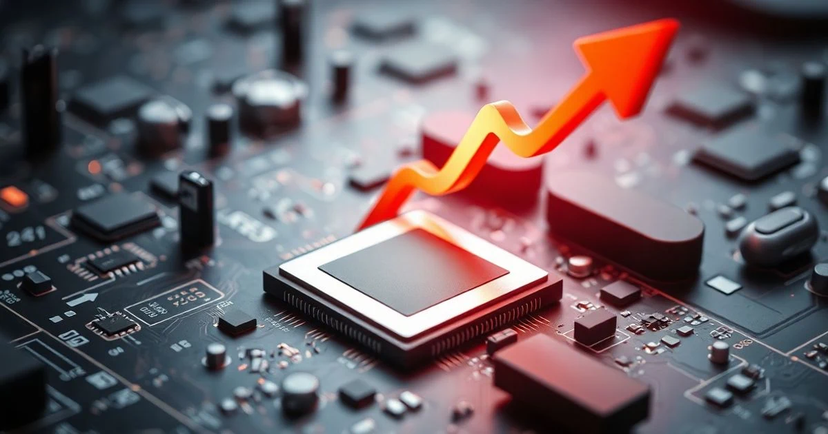 Chip semiconductor sobre placa de circuito con flecha roja hacia arriba que simboliza subida bursátil