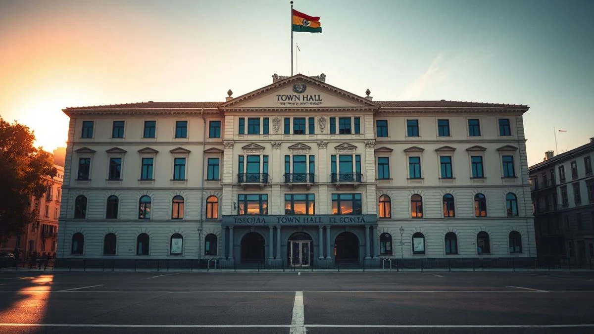 Imagen ilustrativa: fachada de un edificio consistorial genérico al atardecer, con siluetas y sombras largas en una plaza vacía.