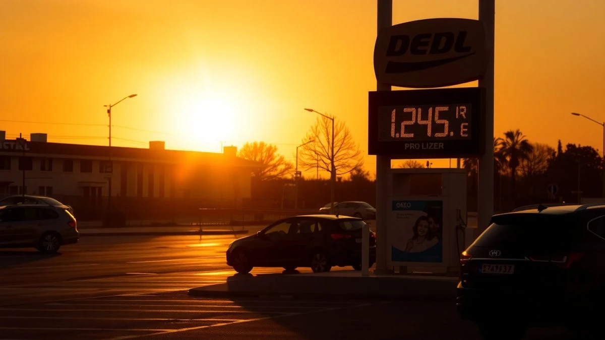 Imagen ilustrativa: una gasolinera al atardecer con un cartel de precios y siluetas de coches, sin personas reconocibles.