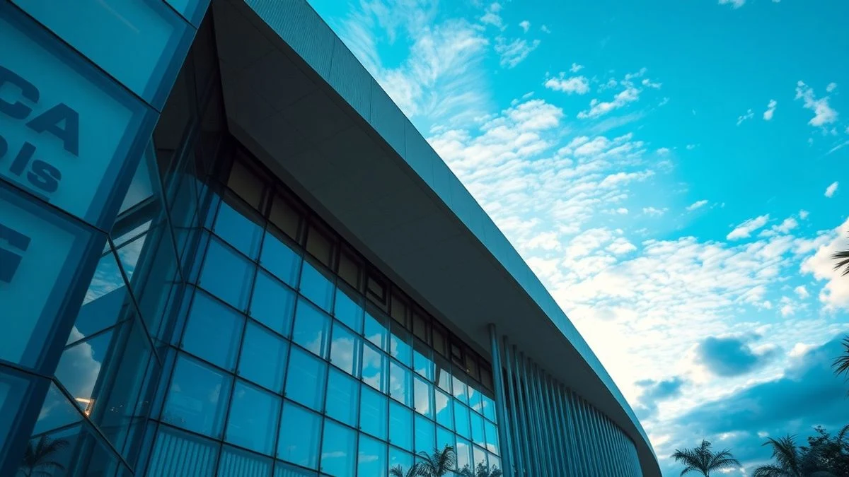 Imagen ilustrativa: fachada acristalada de un centro de convenciones moderno bajo un cielo nublado al atardecer.