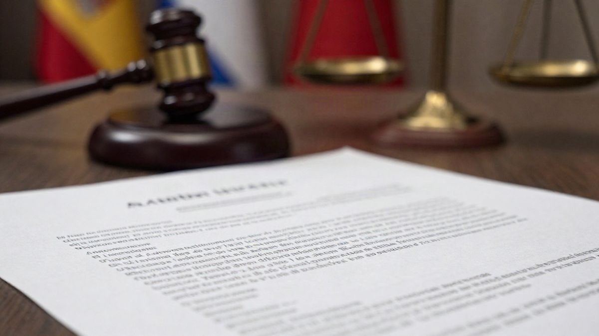 Imagen ilustrativa: primer plano de un documento legal con un martillo y balanza de la justicia en un fondo desenfocado.