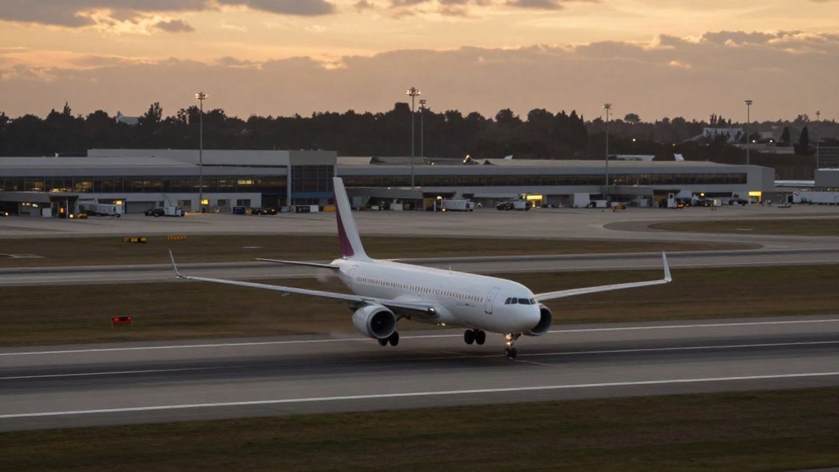 Illustrative image: aerial view of an airport runway with a plane taking off and empty terminals in a dramatic sunset setting.