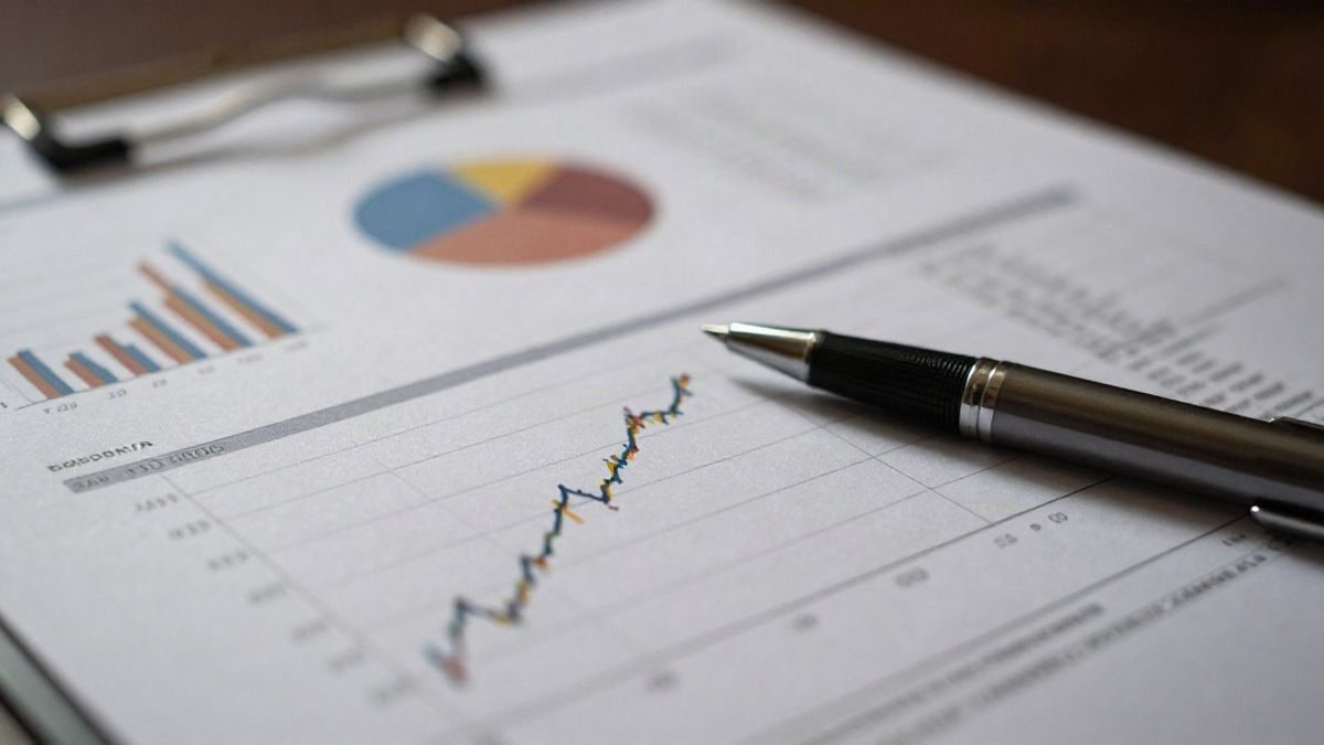 Imagen ilustrativa: un informe financiero con gráficos y estadísticas sobre el crecimiento de inversiones, con un bolígrafo al lado.