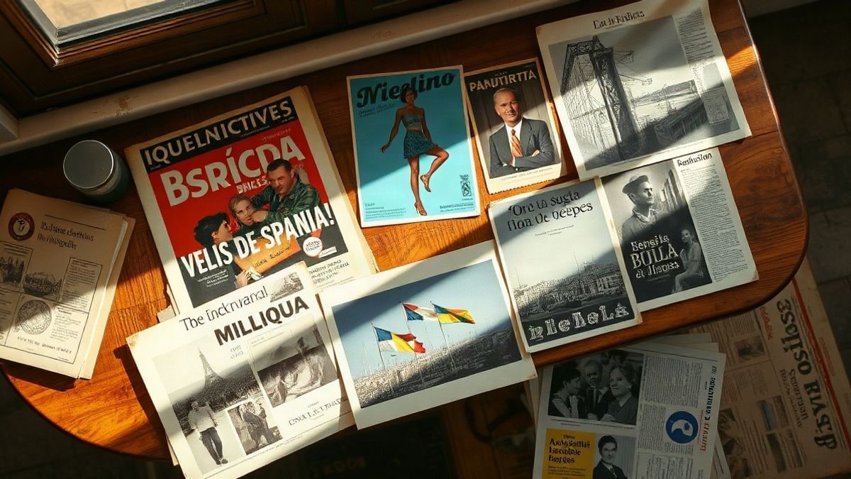 Illustrative image: overhead view of a table with old advertising posters and newspaper clippings