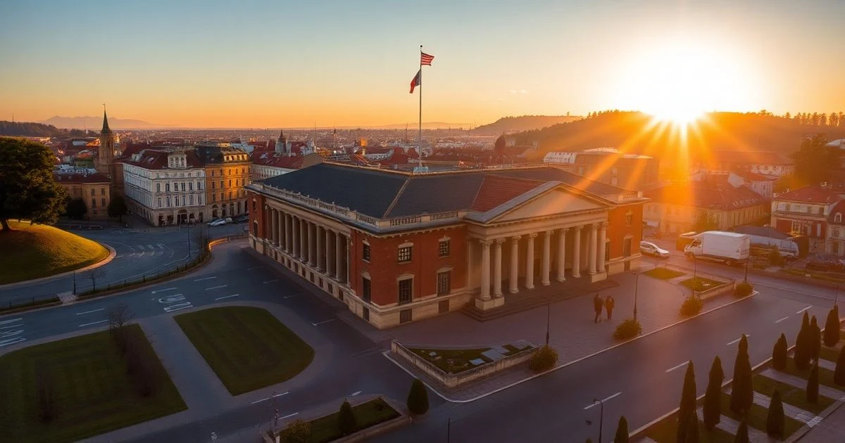 Vista aérea del Parlamento de Galicia en Santiago de Compostela al atardecer, con luz natural dramática y sombras largas.