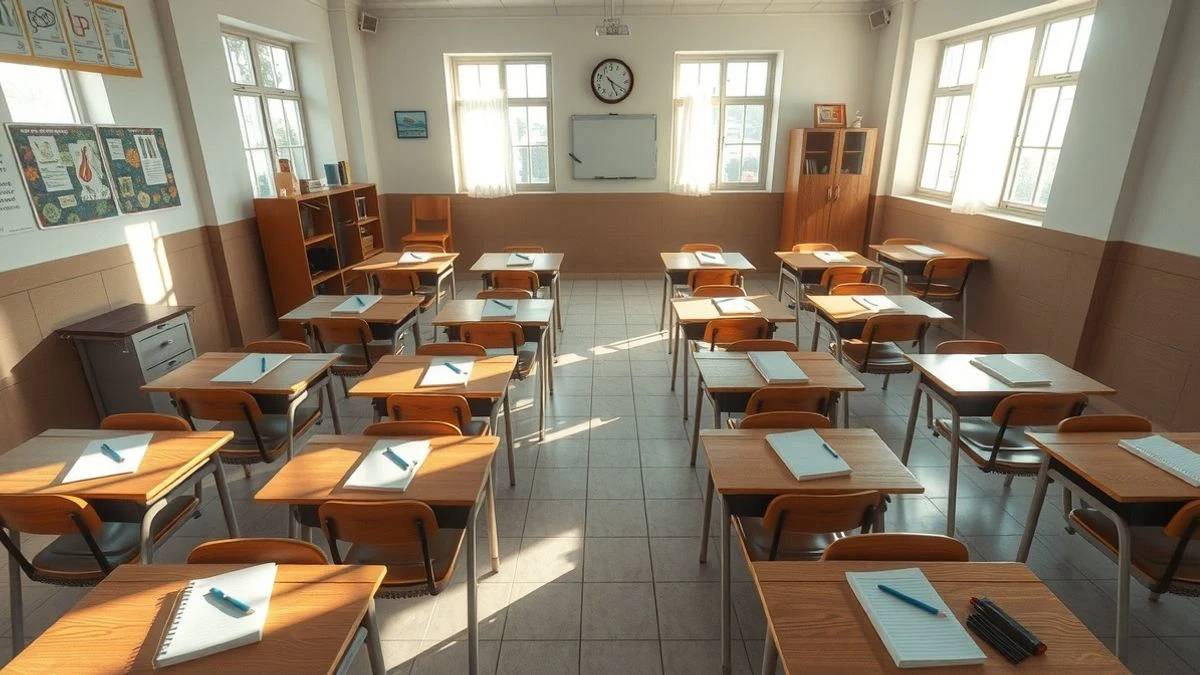 Vista cenital de un aula de escuela primaria vacía con pupitres y luz natural entrando por las ventanas