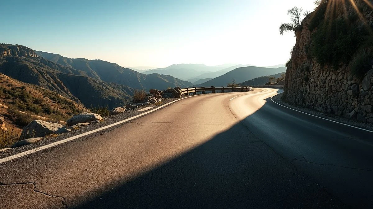Carretera de montaña con grietas y parches, vista en gran angular con luz de atardecer