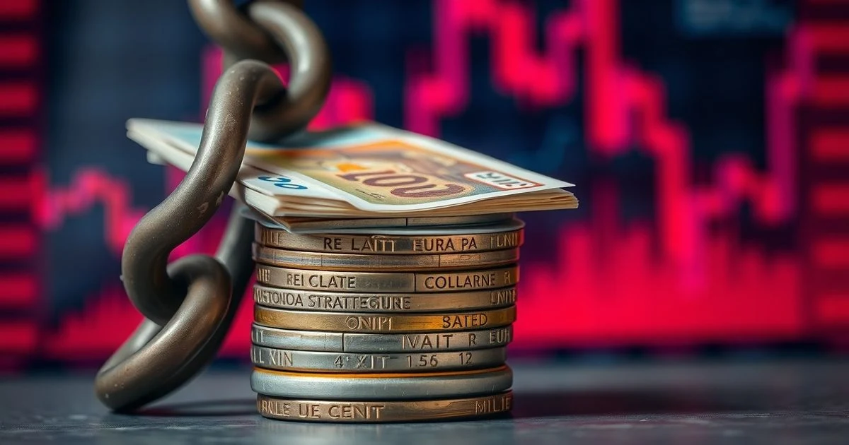 Cadena de hierro rodeando un montón de monedas y billetes de euro sobre un fondo borroso de gráficos financieros