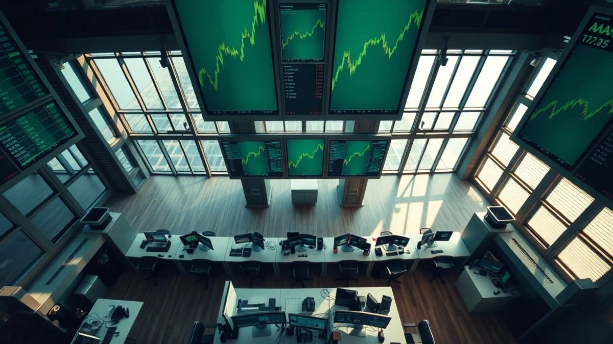 Imagen ilustrativa: vista aérea de una mesa de operaciones bursátiles con pantallas y gráficos en verde, sin personas.