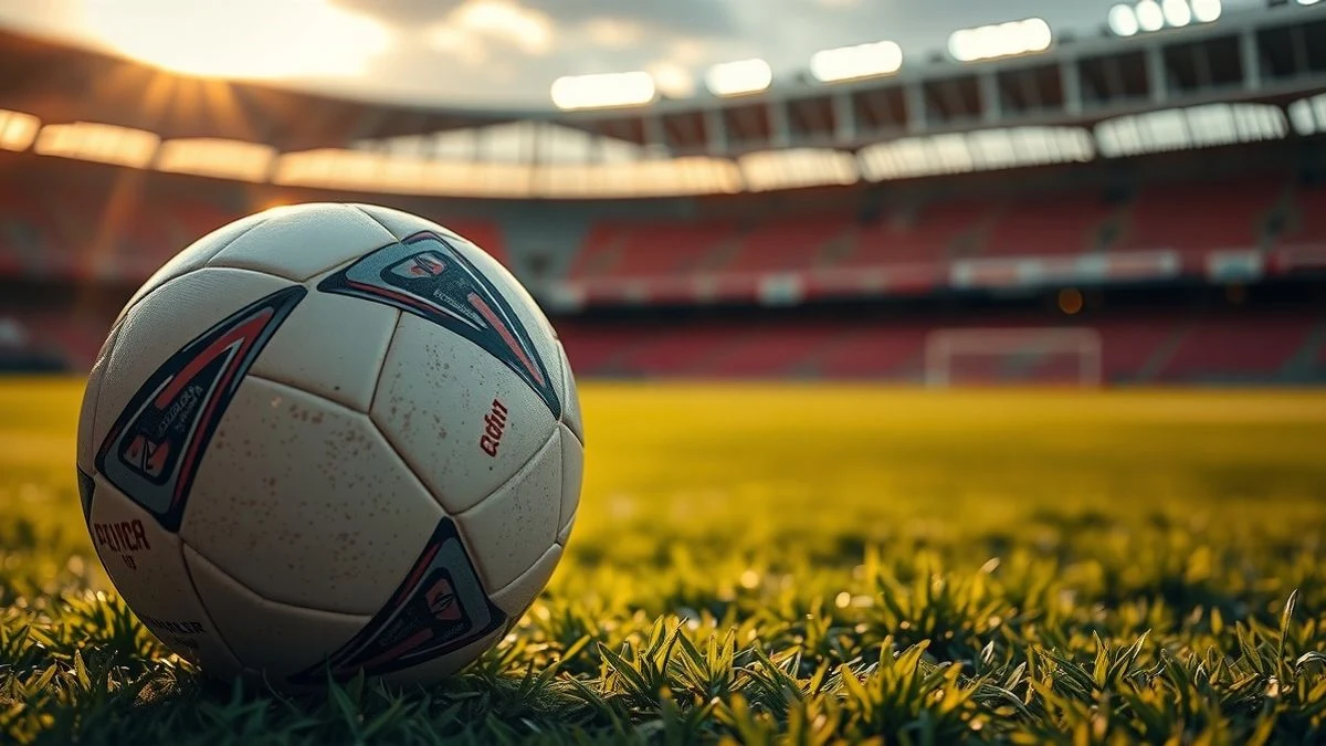 Primer plano de un balón de fútbol sobre el césped mojado al atardecer, con un estadio desenfocado al fondo.