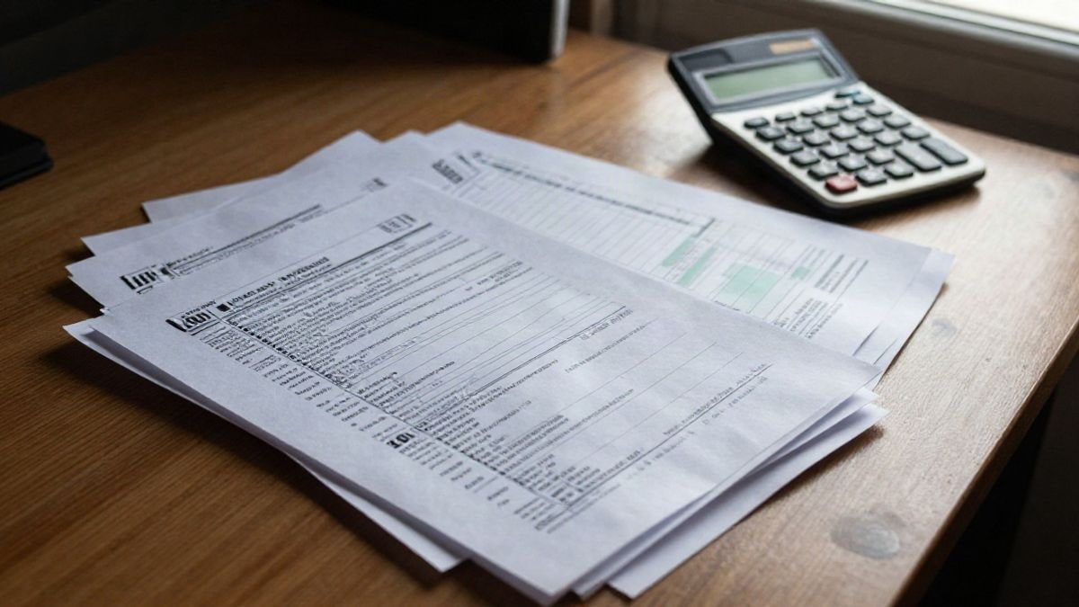Illustrative image: overhead view of municipal documents and a calculator on a wooden table