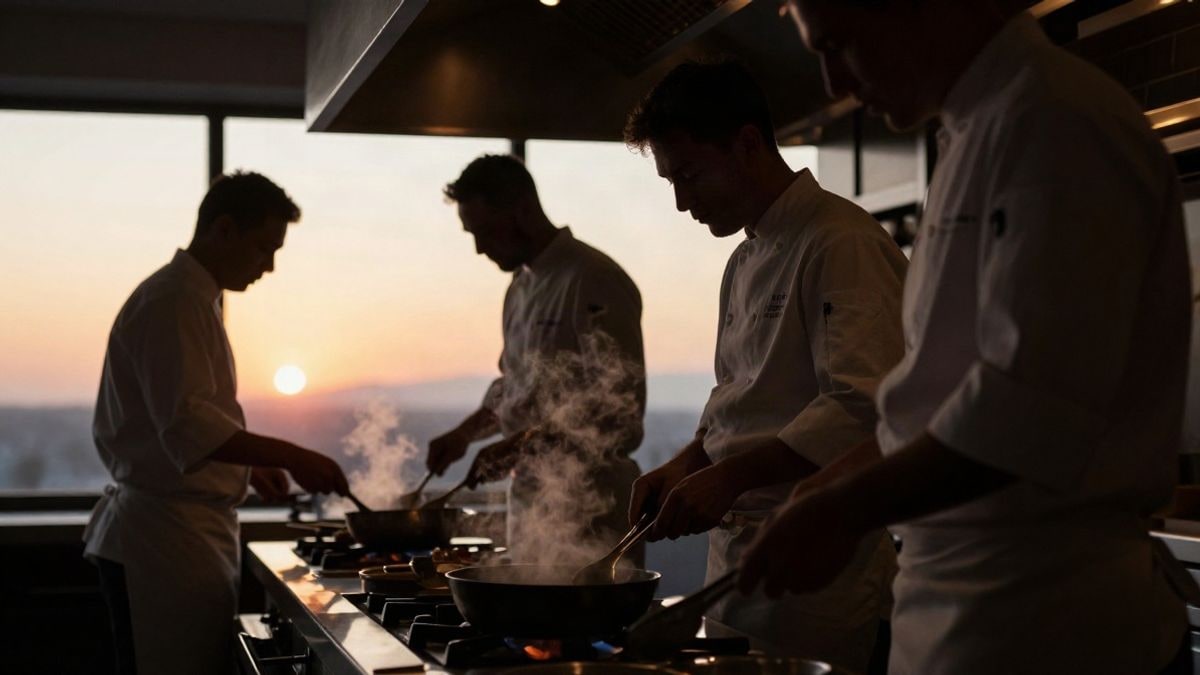 Imagen ilustrativa: un entorno de cocina donde se preparan platos gourmet, con luz dramática del atardecer.