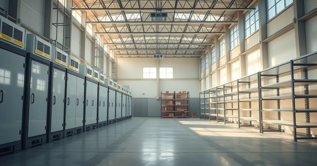 Interior de una nave logística vacía con equipos de refrigeración y estanterías metálicas