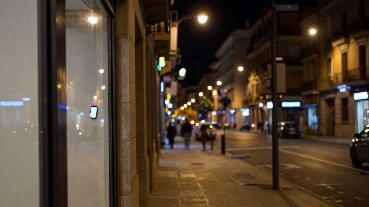 Imagen ilustrativa: una calle de ciudad iluminada de noche con luces de neón y farolas, mostrando un escaparate de tienda con smartphones, sin personas ni elementos identificables.