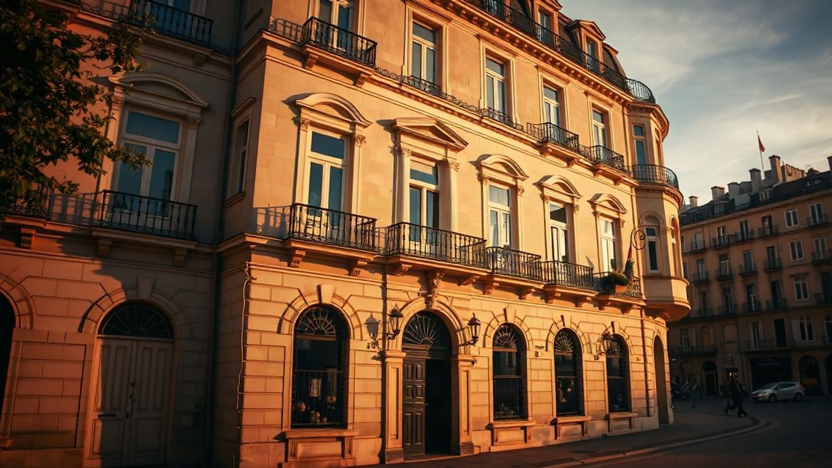 Illustrative image: low angle of the facade of a historic hotel building with sunset light