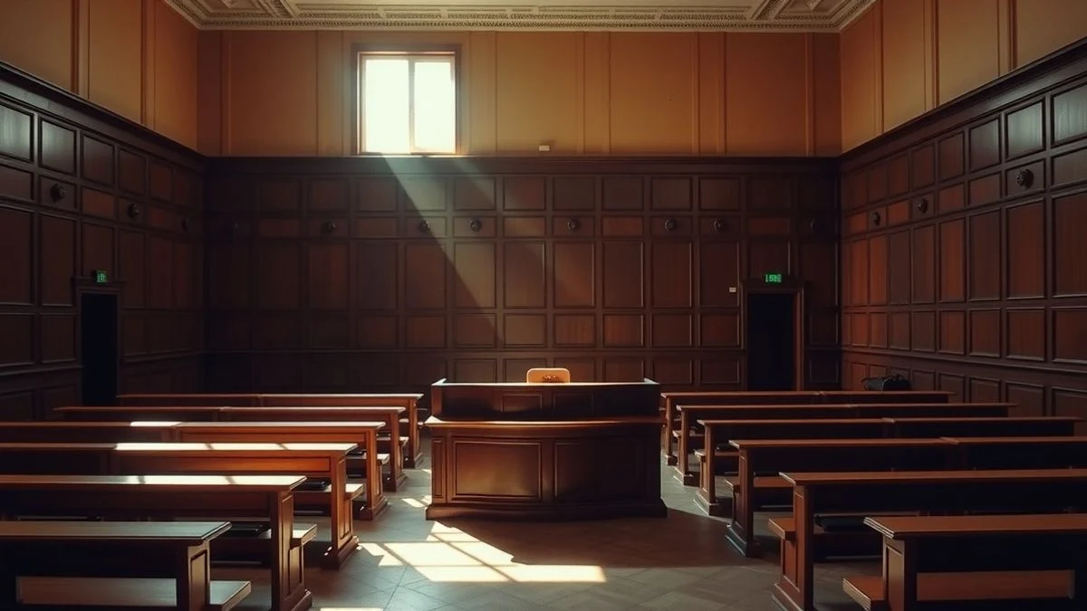 Sala de tribunal vacía con banco de jueces y luz natural dramática