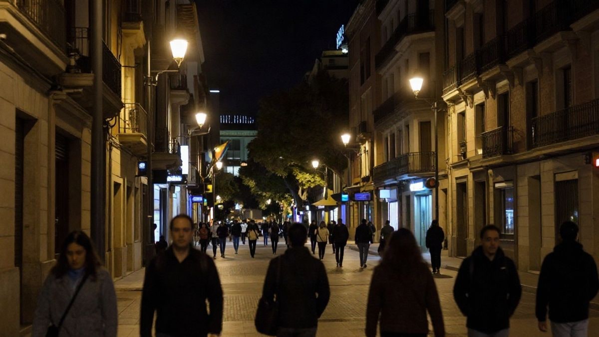 Illustrative image: night view of an urban street lit by street lamps and soft neon lights, reflecting economic activity in the city.