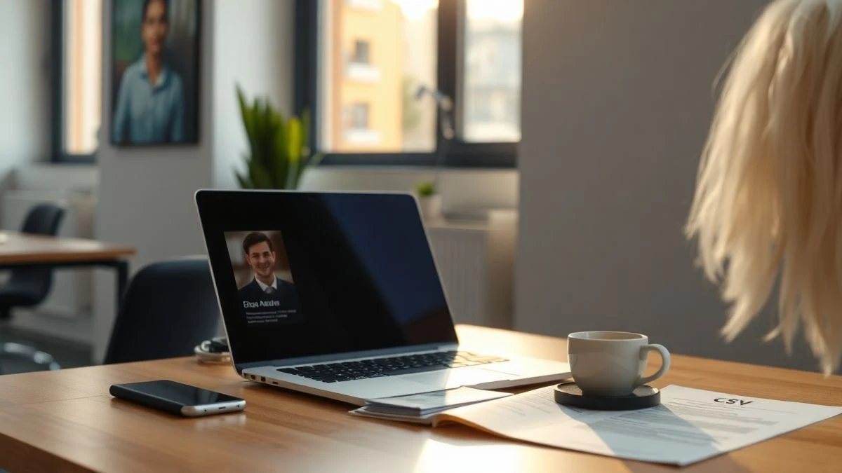 Escritorio de oficina con portátil mostrando perfil de LinkedIn, currículum impreso y taza de café, luz natural suave.