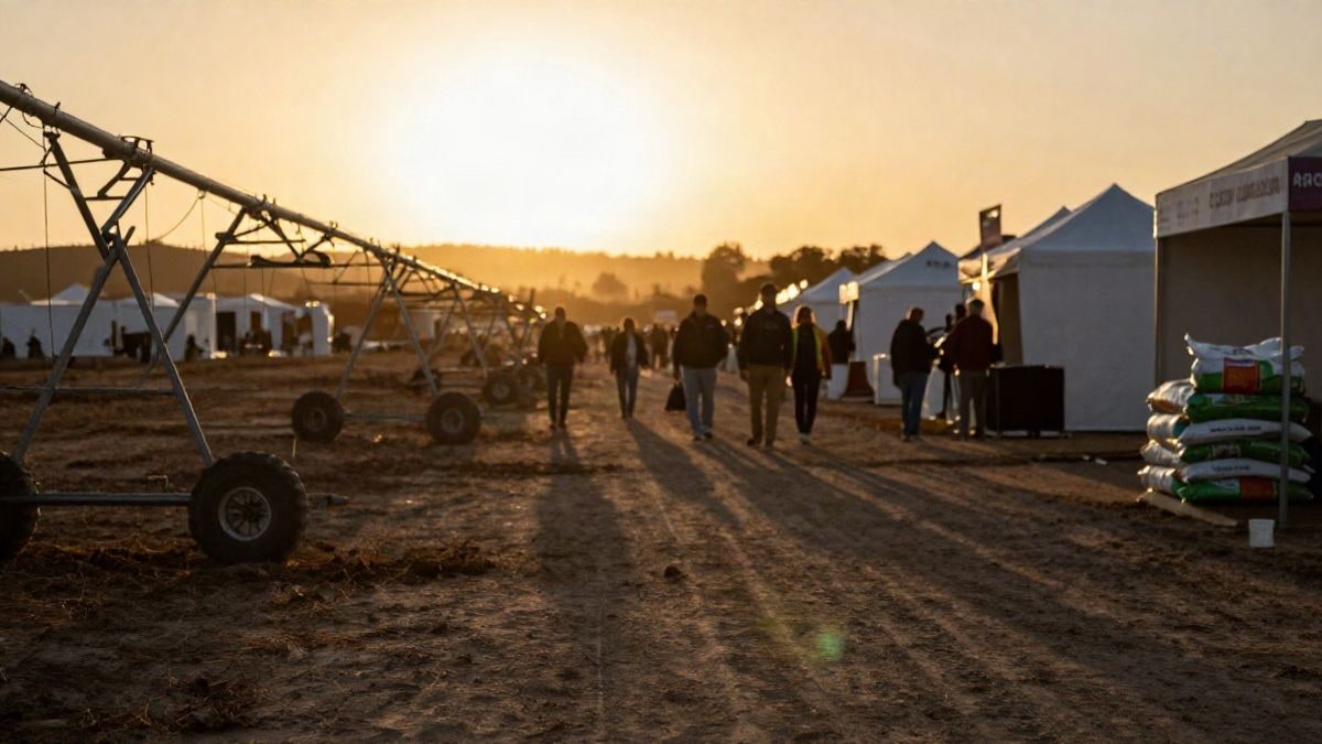 Imagen ilustrativa: siluetas y sombras largas al atardecer en un recinto ferial agrícola genérico