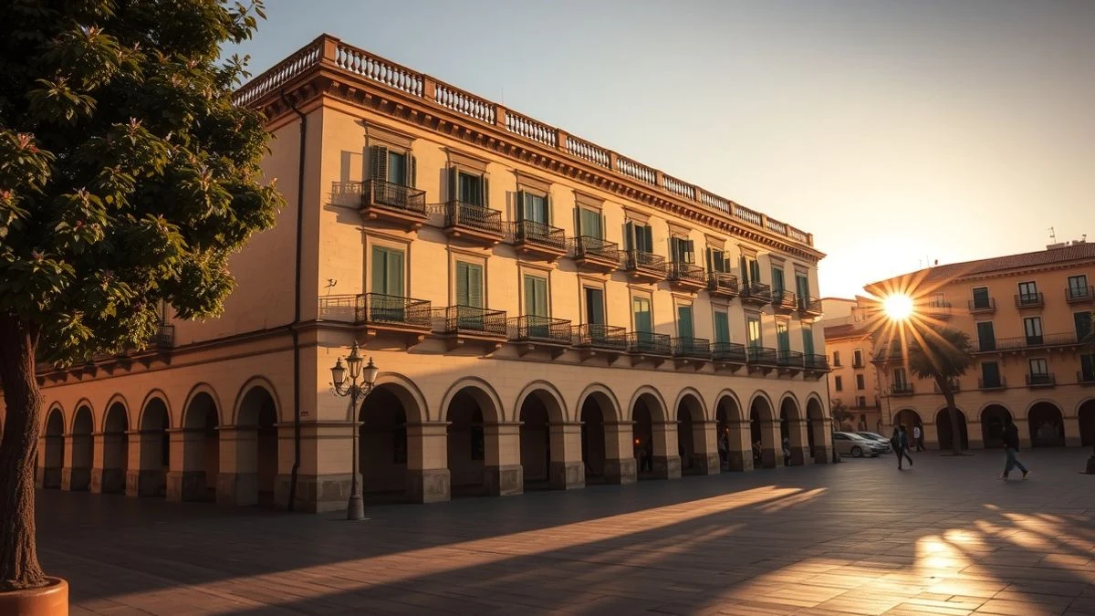 Imagen ilustrativa: fachada de un ayuntamiento andaluz al atardecer, con sombras largas en la plaza.
