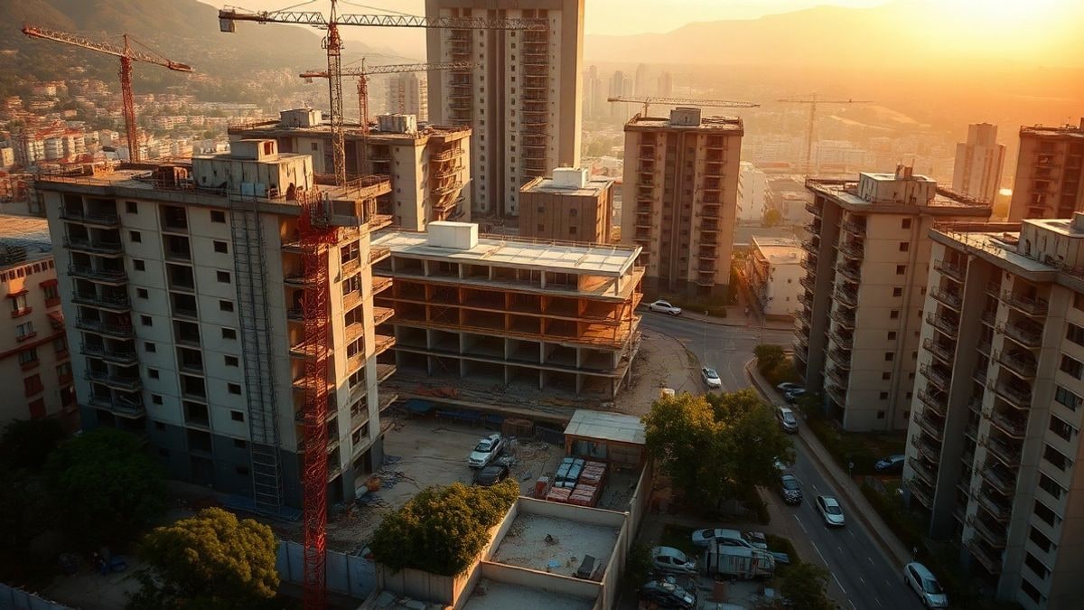 Illustrative image: aerial view of a housing development under construction with cranes and unfinished blocks