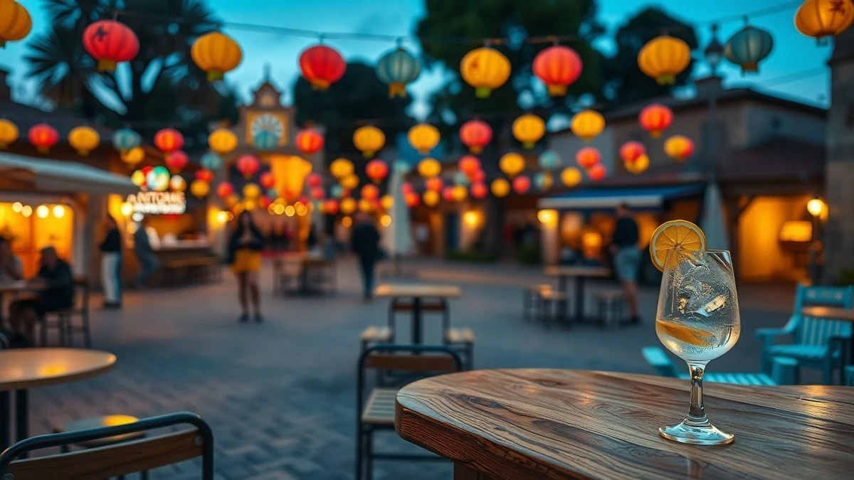 Imagen ilustrativa: una plaza decorada con farolillos al atardecer, con una barra de bar y un vaso de gin-tonic en primer plano.