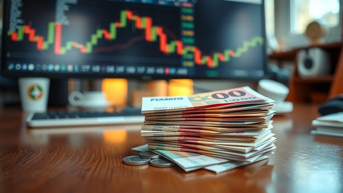 Imagen ilustrativa: primer plano de billetes y monedas de euro sobre una mesa de madera, con gráficos financieros al fondo desenfocados.