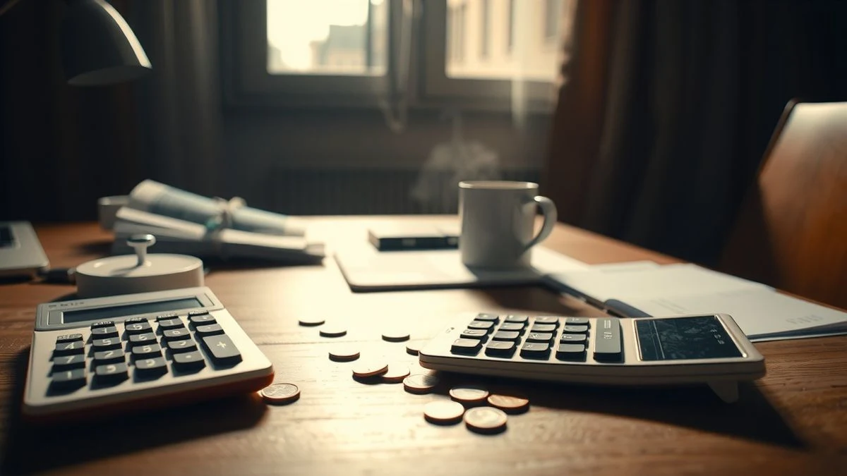 Imagen ilustrativa: un escritorio vacío con calculadora, monedas y una taza de café, con luz natural de ventana