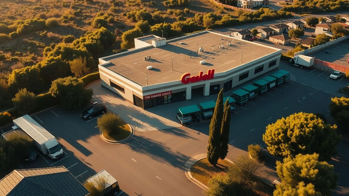 Vista cenital de un supermercado moderno en Sóller, con aparcamiento y vegetación mediterránea al atardecer