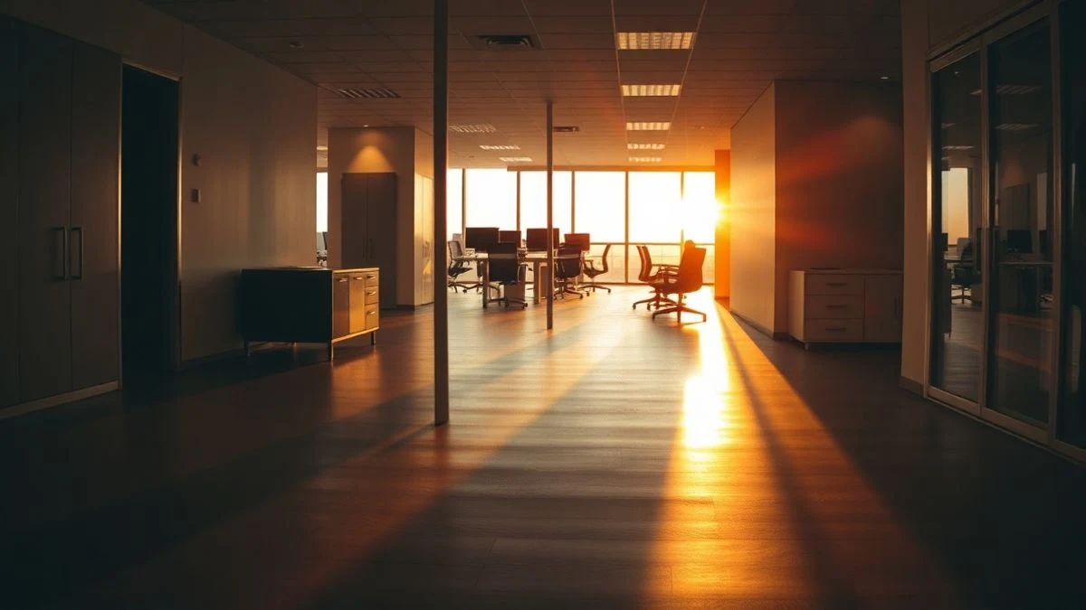 Pasillo de oficina tecnológica al atardecer con sombras largas y escritorios vacíos