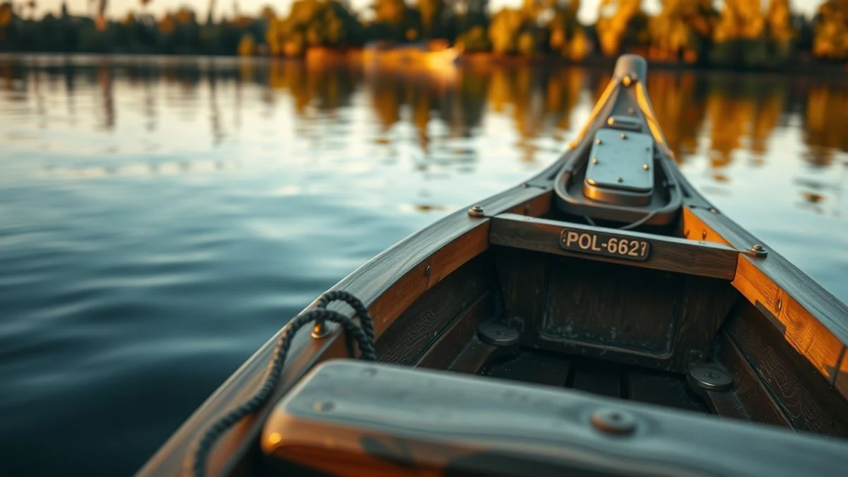 Imagen ilustrativa: proa de una embarcación de madera vintage con placa de latón, amarrada en un lago tranquilo al atardecer