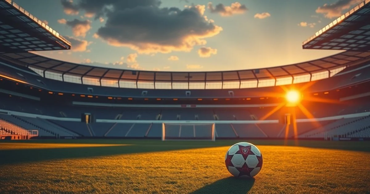 Estadio de fútbol vacío al atardecer, con un balón en el centro del campo y porterías al fondo