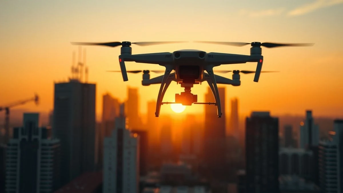 Dron volando sobre el skyline de una ciudad al atardecer, con edificios modernos y antenas de telecomunicaciones al fondo.