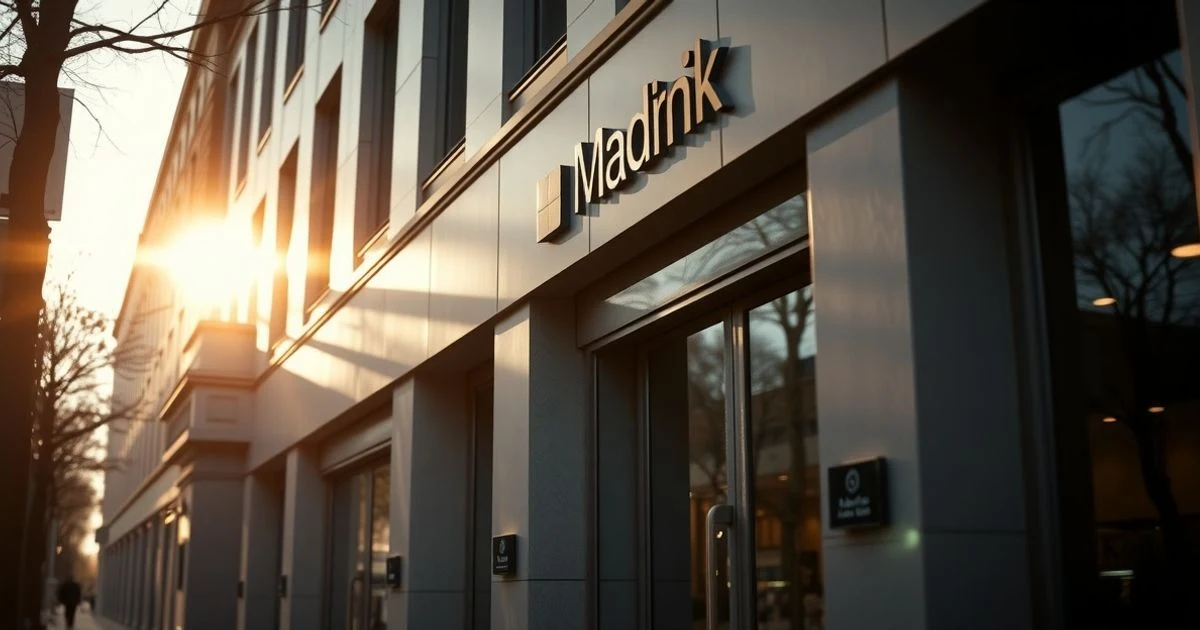 Fachada de un banco en Madrid al atardecer con luz dorada