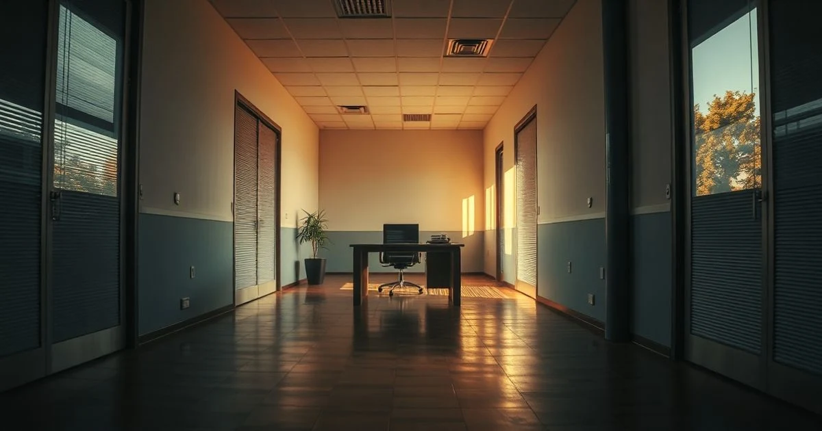 Pasillo vacío de oficina con puertas cerradas y un escritorio con ordenador al fondo