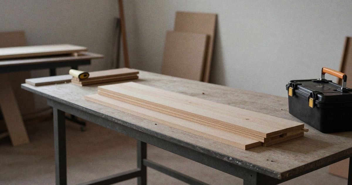 Illustrative image: interior of a workshop with workbench, wood, and toolbox illuminated by side light.