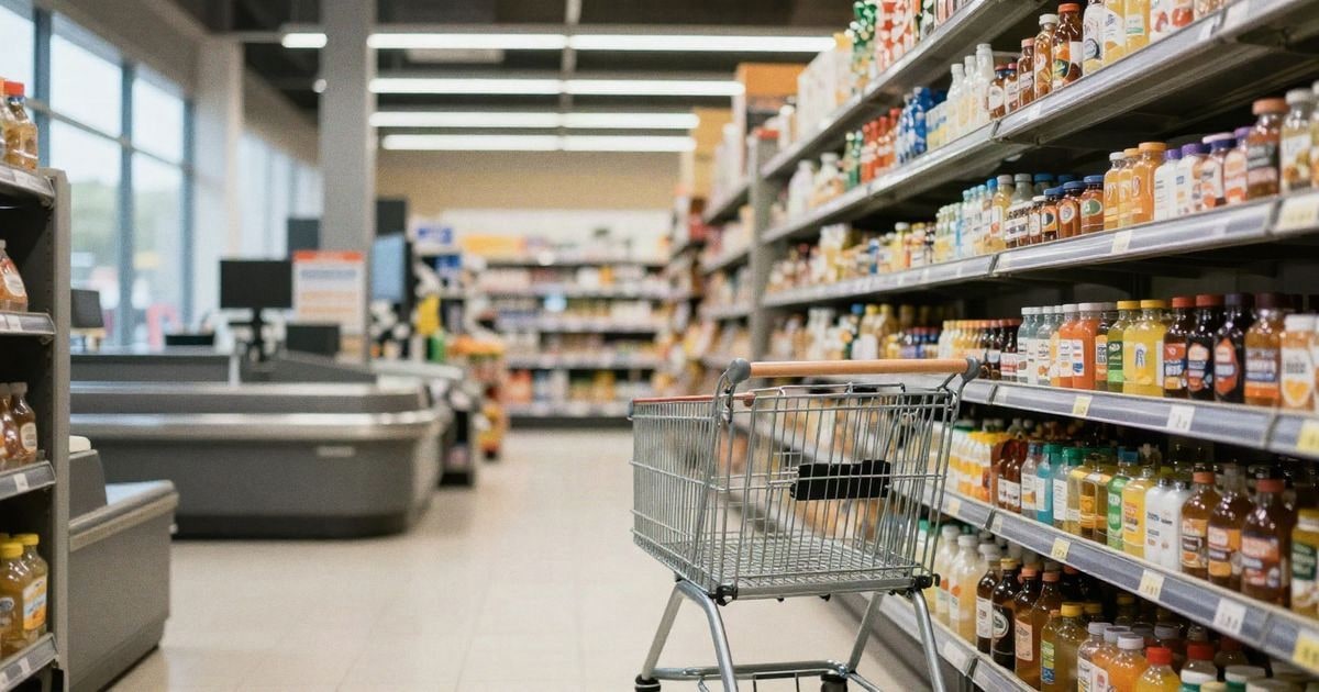 Imagen ilustrativa: pasillo de un supermercado con estanterías y carrito de la compra, sin personas visibles.